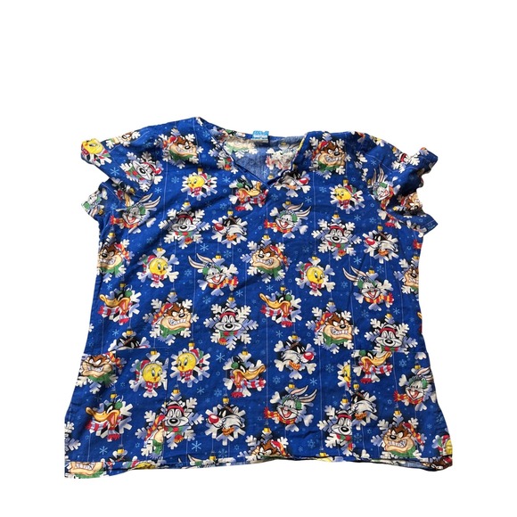 Looney Tunes Mania Tops - Looney Tunes Christmas Snowflake Print Button Up Scrub Top XL Blue Cotton